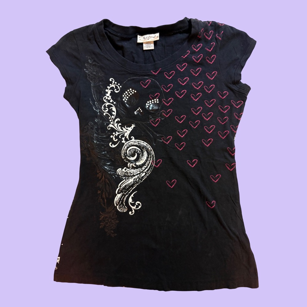 Y2K Self Esteem Skull Graphic Tee Black Hearts Rhinestone Scene Emo #19